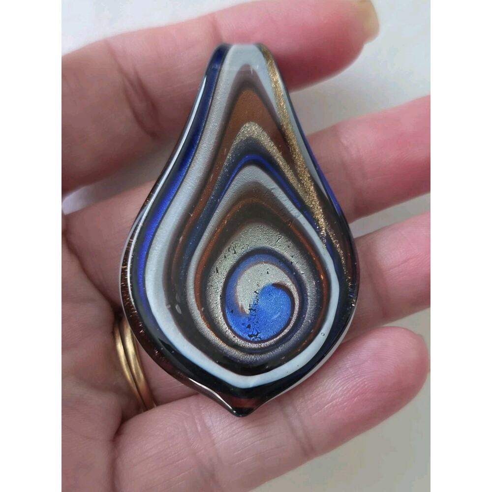 Teardrop Shape Large Murano Style Art Glass Pendant Black Blue Copper Gold Tones - Picture 7 of 8